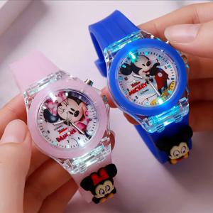 디즈니 미키 키즈 시계 여아용, 빛나는 실리콘 스트랩, 3D 만화 미니 어린이 시계, 쿼츠 시계