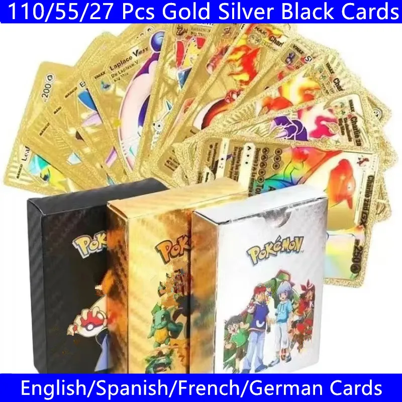 포켓몬 카드 피카츄 골드 실버 블랙 Vmax GX Vstar 영어 스페인어 프랑스어 독일어 컬렉션 배틀 카드 장난감 선물, 27-110 개