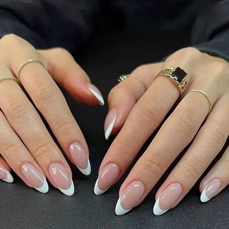 프렌치 가짜 손톱 아몬드 가짜 손톱, 흰색 가장자리 디자인, 웨어러블 심플 인스 핑크 스틸레토 네일 팁, 24 개