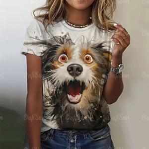3D 동물 프린트 반팔 티셔츠, 여성 티셔츠, 힙합 패션, 커플 루즈 스트리트 스타일, 재미있는 강아지 패턴, 여름