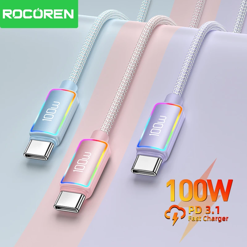 Rocoren 100W USB C to C 타입 고속 충전 충전기 케이블, 5A USB-C 코드 PD 3.1, 맥북 아이패드 아이폰용 고출력 고속 충전
