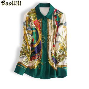 Boollili-진품 실크 셔츠 여성용 상의 및 블라우스 한국 빈티지 블라우스, 여성 봄 가을 프린트 블라우스 2020