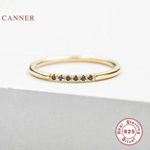 CANNER 여성용 진짜 한 줄 블랙 다이아몬드 반지, 100% 925 스털링 실버, 14k 골드 반지, 고급 주얼리 선물
