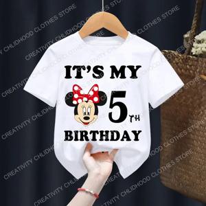 미키 미니 어린이 티셔츠, 디즈니 생일 번호 1-9 소년 소녀 옷, 카와이 애니메이션 만화, 작은 아기 캐주얼 티 셔츠