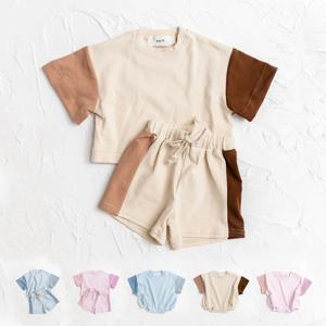 단색 스티치 반팔 상의 및 반바지 세트, 여름 아기 소년 소녀 의상, 어린이 티셔츠 바지 정장, 면 아기 옷