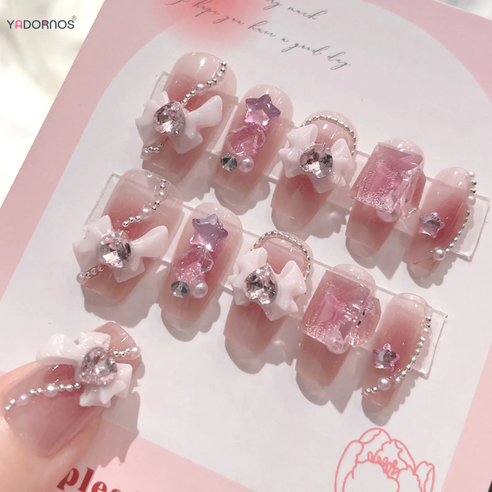 여성용 블러시 핑크 가짜 손톱, 나비 매듭 다이아몬드 진주, 3D 디자인 프레스 네일 팁, 무해한 부드러운 가장자리 손톱, DIY 가짜 손톱