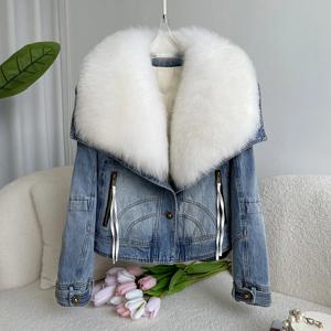 여성용 오버사이즈 여우털 탈부착 데님 모피 코트, 짧은 구스다운 재킷, 니치 디자인 센스 파카, 유럽 상품
