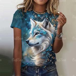 여성용 늑대 프린트 티셔츠, O넥 루즈 반팔 블라우스, 동물 그래픽 상의, 하라주쿠 스트리트웨어, 여성 패션, 신상