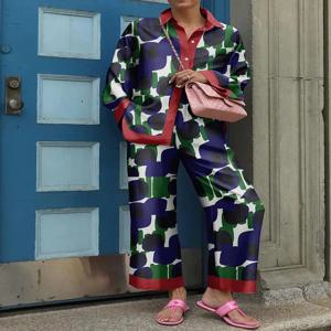 여성용 루즈 빈티지 프린트 바지 세트, 긴팔 셔츠, 와이드 레그 바지, 투피스 세트, 패션 스트리트웨어, 2024 가을 신상