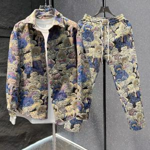 남성용 곰 자수 긴팔 재킷 및 스트리트 레깅스 세트 투피스 세트, Y2k 캐주얼 캐주얼 트렌디 디자인 세트, 가을