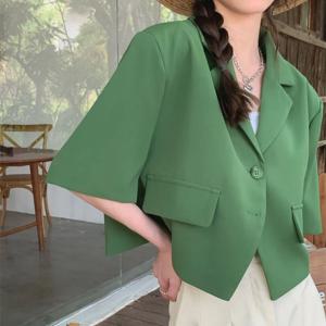 여성용 얇은 반팔 블레이저, 2024 시크한 싱글 브레스트 크롭 재킷, 한국 패션, 녹색, 여름