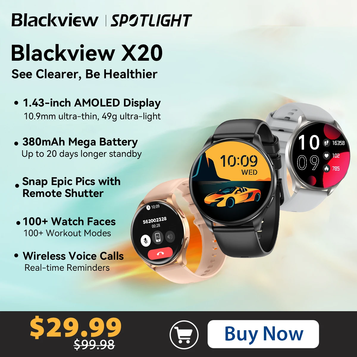 Blackview 2024 AMOLED 디스플레이 스마트 워치 X20, 하이파이 블루투스 전화 통화, 건강 및 피트니스 추적, ISO 안드로이드용, 신제품