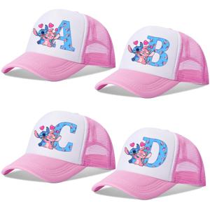 스티치 디즈니 소년 소녀 야구 모자 글자 A-Z 어린이 여름 통기성 메쉬 모자, 귀여운 만화 애니메이션 선보닛 헤드기어 선물