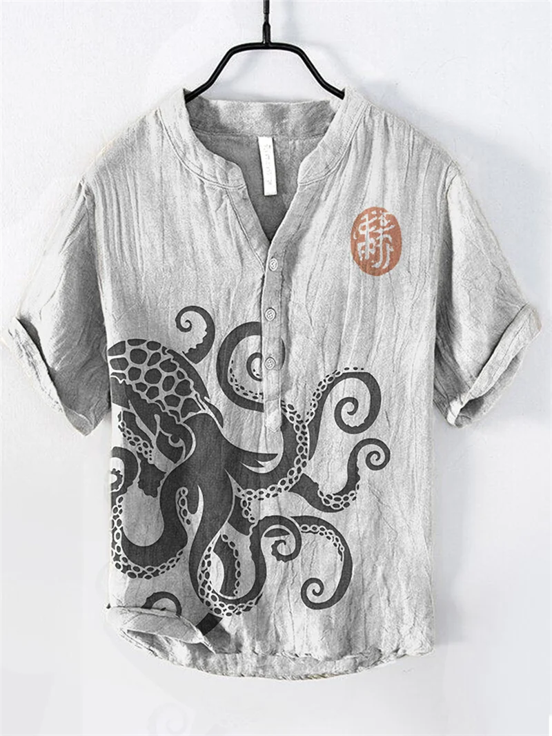 헨리 셔츠 남성용 레트로 패션 트렌드 단추 가디건 셔츠, V넥 셔츠, 3D 프린트, 반팔 상의, 여름