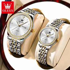 OLEVS 럭셔리 브랜드 비즈니스 커플 시계, 방수 스테인리스 스틸 시계, 우아한 원피스, 다이아몬드 쿼츠 커플 시계