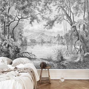 사용자 정의 사진 벽지 흑백 숲 벽화, 유럽 레트로 핸드 페인트 라인, 열대우림 정글 페인팅