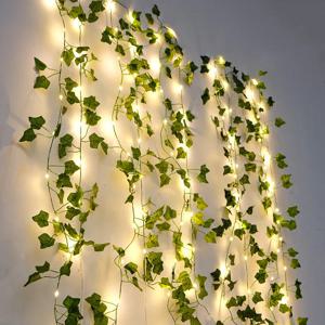 실크 잎 가짜 크리퍼 녹색 잎 아이비 덩굴, 홈 웨딩 파티 행잉 화환 인공 꽃용 LED 스트링 조명, 2.3m, 3m