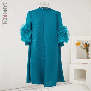 LANMREM 맥시 플리츠 원피스 라운드 넥 스플라이스 곰팡이 풀 슬리브 드레스, 여성용 가을 의류, 2Qa1331, 2024 신상