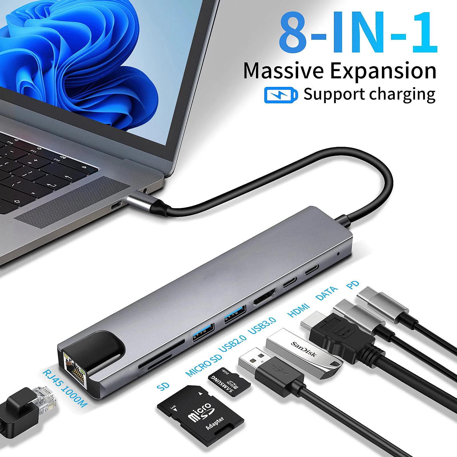 USB C 허브 C타입 HDMI 어댑터, RJ45 SD/TF 카드 리더기 포함, 맥북 노트북 윈도우 노트북 컴퓨터용 고속 충전기, 8 인 1, 4K