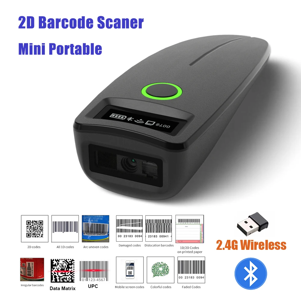 휴대용 미니 무선 블루투스 2D 바코드 스캐너, W7, 1D 2D QR 코드 데이터 매트릭스, PDF417 리더, 저장 기능