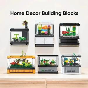 마이크로 어항 시리즈 빌딩 블록 세트, 흰동가리 랍스터 디스플레이 박스 모델, 어린이 크리에이티브 DIY 교육용 벽돌 장난감