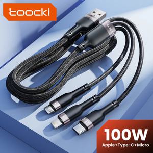 Toocki 마이크로 USB C타입 충전 케이블, 아이폰 14, 13, 12, 화웨이 아너, 샤오미 13, ViVo, Oppo, 데이터 코드, 3 in 1, 6A, 100W