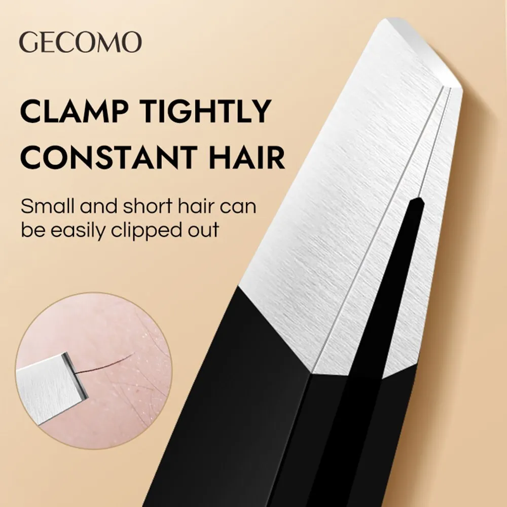 GECOMO 스테인리스 스틸 블랙 눈썹 족집게, 비스듬하고 평평한 포인트 뷰티 도구, 눈썹 및 내성 제모용