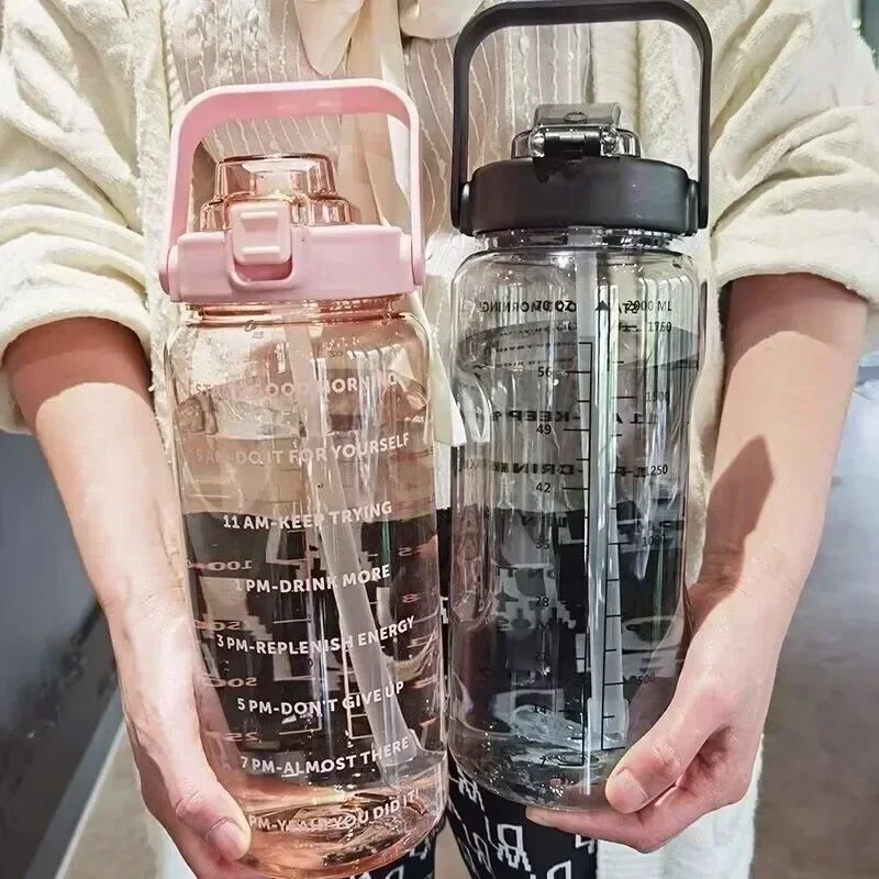 대용량 플라스틱 빨대 물컵, 야외 스포츠 피트니스용 음료 병, 시간 표시 포함, 2L 휴대용 물병