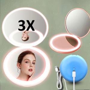 여성용 맞춤형 소형 LED 조명 화장품, 2 면 접이식 메이크업 컴팩트 포켓 미러, 발광 효과 핑크 화이트 미니 미러