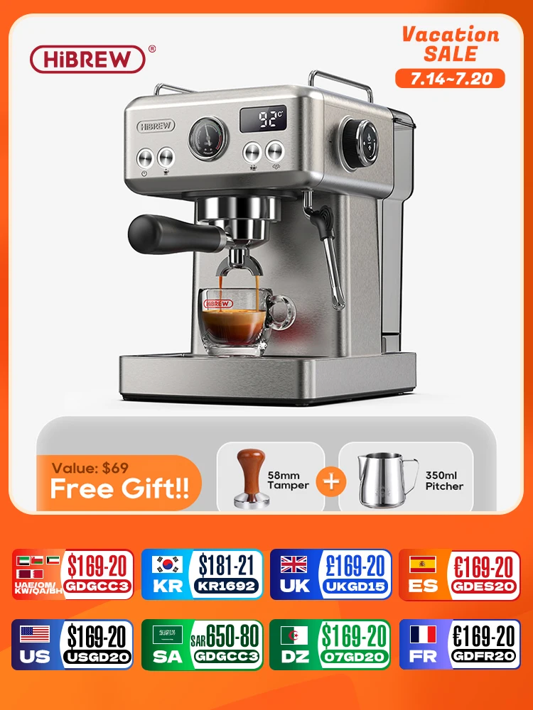 HiBREW 반자동 에스프레소 커피 머신, 온도 조절 가능, 58mm 포타필터, 콜드/핫 커피 메이커, 금속 CaseH10A, 20Bar