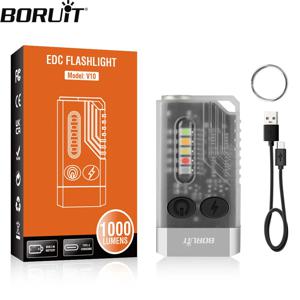 BORUiT V10 EDC 키체인 손전등, 휴대용 미니 토치, C 타입 충전식 작업등, 자석 UV 경고음, 캠핑 포켓 랜턴