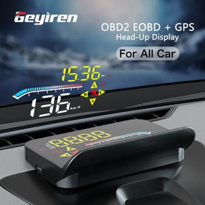 GEYIREN HUD 헤드업 디스플레이, 자동차 OBD2 GPS 듀얼 시스템 프로젝터, 자동차 유리 보안 수온 경보 전자 액세서리
