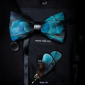 JEMYGINS-오리지널 디자인 자연스러운 Brid 깃털 정교한 손으로 만든 나비 넥타이 브로치 핀 선물 상자 세트, 남성용 웨딩 파티 나비 넥타이