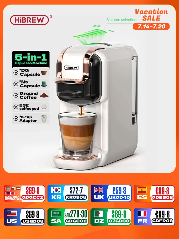HiBREW 5 in 1 멀티 캡슐 커피 머신, 핫/콜드 DG 카푸치노 Nes 소형 캡슐, ESE 포드 그라운드 커피 카페테리아, 19Bar H2B