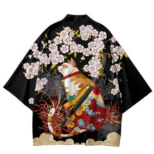 일본 기모노 유카타 사무라이 기모노 남자 고양이 프린트 셔츠 의류, 하라주쿠 가디건, 남성 전통 하오리 기모노 여성용
