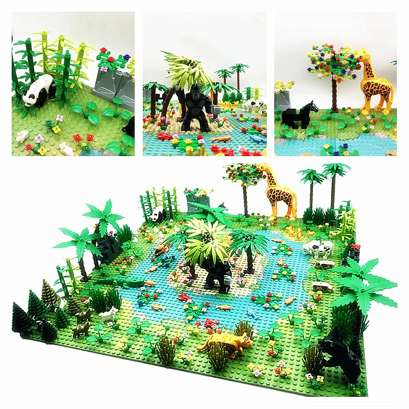 MOC 열대 우림 동물 정글 빌딩 블록 장난감, 부시 꽃 나무 식물 건설 블록, 도시 베이스플레이트 벽돌 호환 가능