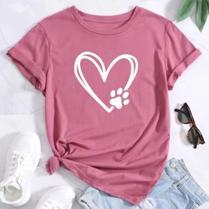 여성용 하트와 강아지 발자국 프린트 티셔츠, 플러스 사이즈 상의, 부드럽고 신축성 있는 캐주얼 셔츠, 스트리트 패션 의류, 2024 여름