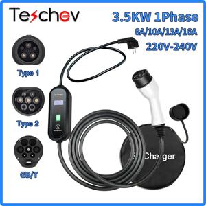 Teschev 전기 자동차용 휴대용 EV 충전기, 220V 7KW J1772 타입 1 IEC62196 타입 2 GBT 충전기, 32A 조정 가능한 전류 충전기