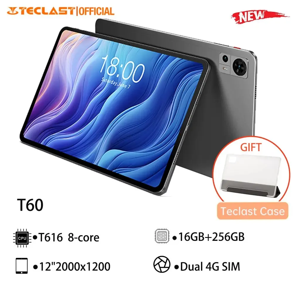 Teclast T60 2024 12 인치 2K 태블릿, 안드로이드 13, 2000x1200, 20GB RAM, 256GB ROM, UNISOC T616 옥타 코어, 4G 네트워크, C타입, 18W 고속 충전