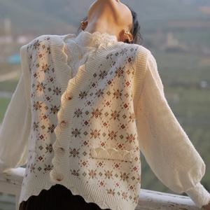 레트로 v 넥 니트 조끼 카디건 자켓 여성의 세련된 달콤한 인쇄 어깨 조끼 겉옷 스웨터 트렌디 니트웨어