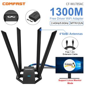 Comfast 1300Mbps 어댑터, 2.4G 및 5GHz USB 네트워크 카드, 무선 와이파이 어댑터, 고이득 4 * 6dbi 안테나, 데스크탑 리눅스 와이파이 수신