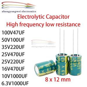 알루미늄 전해질, 6.3v, 1000uf, 10v, 1000uf, 16v, 470uf, 25v, 220uf, 25v, 470uf, 35v, 220uf, 50v, 100uf, 100v, 47uf, 8x12mm, 50 개 커패시터