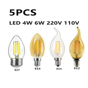 LED 에디슨 필라멘트 캔들 전구, 골든 C35, C35L, 2W, 4W, 6W, 따뜻한 흰색, 조도 조절, 크리스탈 조명용 E14, E12, E27, 220V, 110V, 5 개