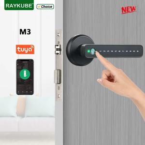 RAYKUBE M3 Tuya BLE 스마트 지문 도어락, 키 포함 비밀번호 잠금, Smartlife/Tuya 앱 잠금 해제, 실내 목재 금속 도어