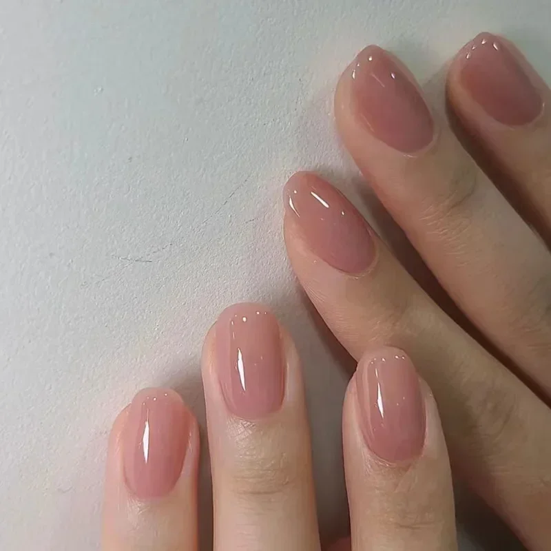 누드 핑크 네일 팁 짧은 라운드 헤드 가짜 손톱, 착용 가능한 완성 된 가짜 손톱, 풀 커버, 네일 프레스, 24 개