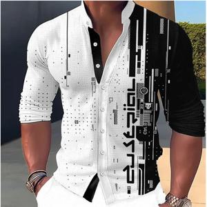 2023 남성용 셔츠 패턴 인쇄 기하학적 스탠드 칼라, 흰색 야외 거리 긴팔 의류, 패션 스트리트웨어 디자이너