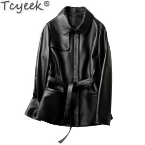 진짜 Tcyek 여성용 양가죽 재킷, 중간 길이 오토바이 재킷, 2024 가을 겨울 가죽 코트, 여성 의류, 신상