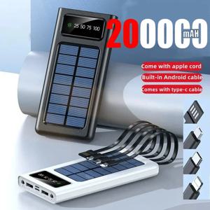 태양 보조배터리 내장 케이블, 고속 충전 USB 포트 충전기 보조베터리, LED 조명 포함, 아이폰 샤오미, 200000mAh