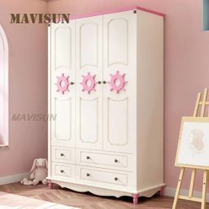 모던한 미니멀리스트 소녀 어린이 단단한 나무 핑크 옷장, 홈 침실 지중해 옷장 의류 스토리지 캐비닛