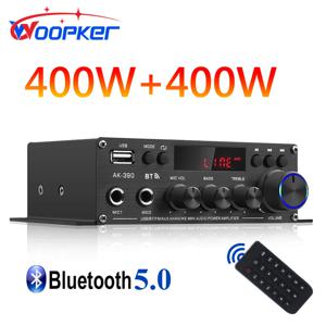 Woopker AK390 BT 5.0 하이파이 파워 앰프, 400W x 2 스테레오 디지털 앰프, 베이스 미디어 플레이어, FM 라디오 AUX 마이크 입력 지원